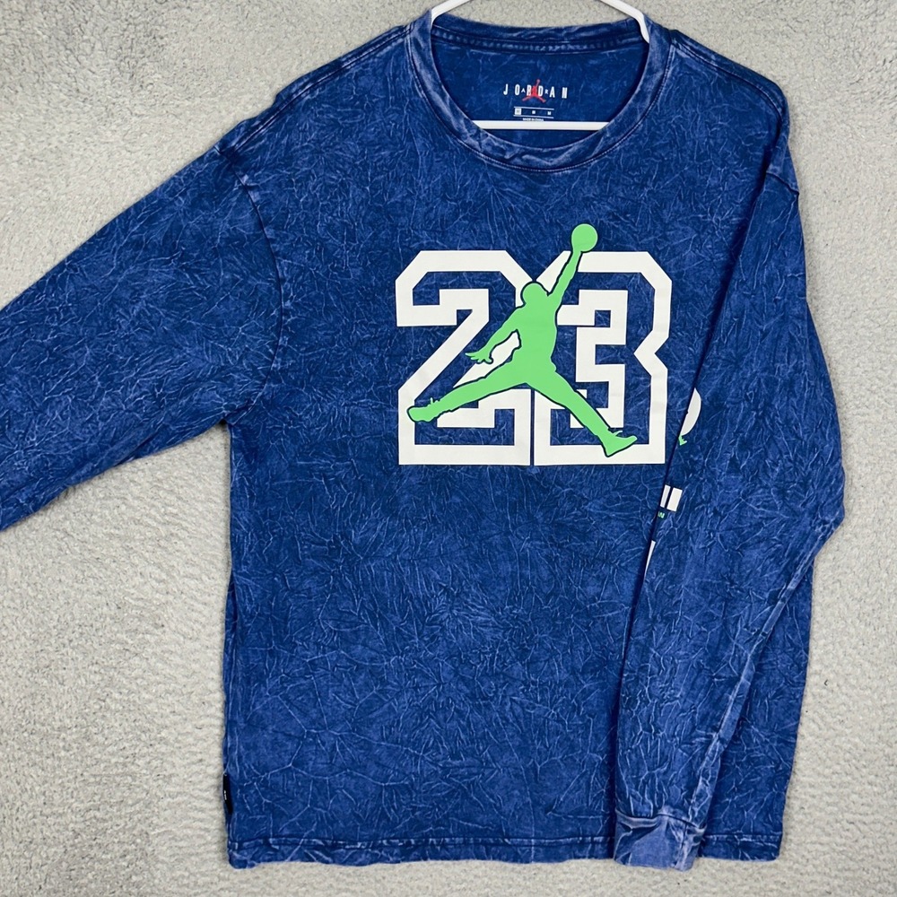 Jordan T-Shirt Mens Medium Acid Wash Blue Jumpman 23 Graphic Long Sleeve Tee EUC